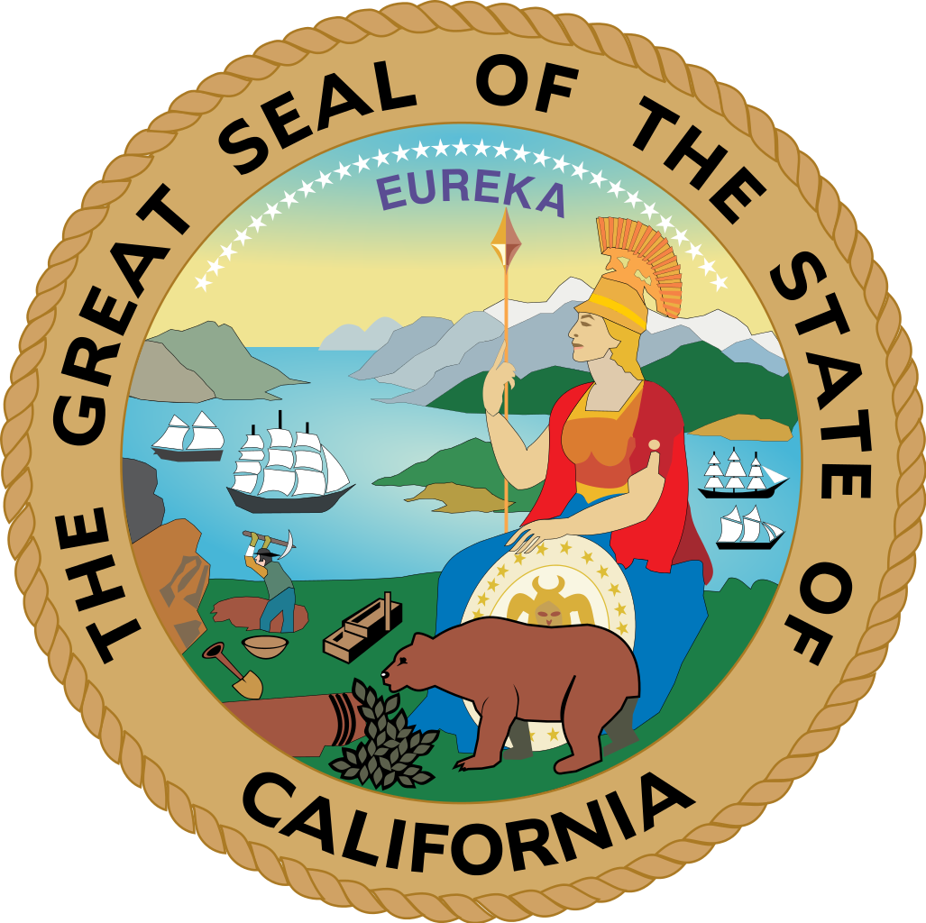 <strong>Sello Estatal</strong>: El Gran Sello de California<br>El Gran Sello de California, con el lema del estado, fue adoptado en la Convención Constitucional de 1849. Muestra a Minerva, la diosa romana de la sabiduría con un oso pardo. En el fondo, un minero parece estar trabajando en las orillas del río Sacramento con las montañas de Sierra Nevada elevándose más allá.<br>