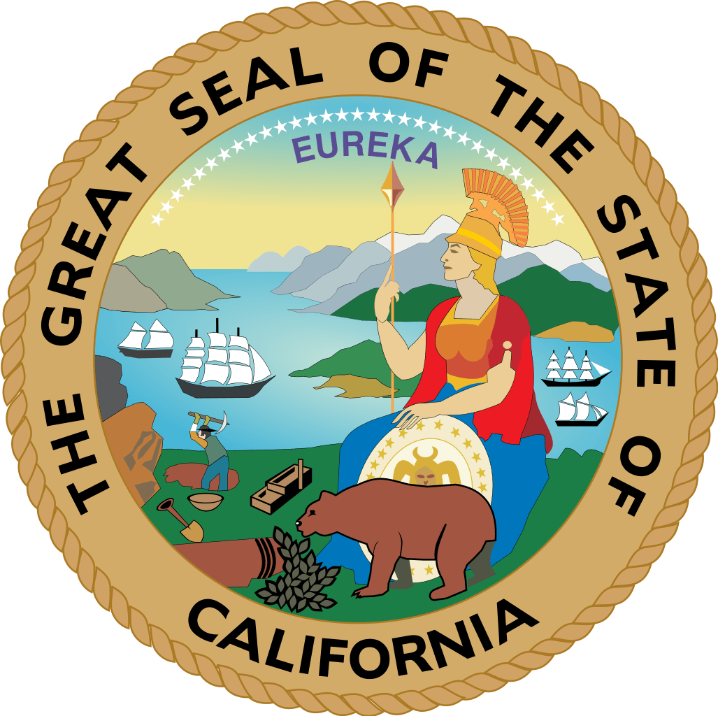 <strong>Sello Estatal</strong>: El Gran Sello de California<br>El Gran Sello de California, con el lema del estado, fue adoptado en la Convención Constitucional de 1849. Muestra a Minerva, la diosa romana de la sabiduría con un oso pardo. En el fondo, un minero parece estar trabajando en las orillas del río Sacramento con las montañas de Sierra Nevada elevándose más allá.<br>