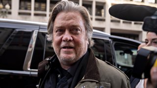 In this Nov. 8, 2019, file photo, Steve Bannon, the former chief executive of Donald Trump's 2016 presidential campaign, speaks to members of the media outside federal court after testifying in Washington, D.C.