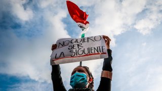 Mujer con cubrebocas alza una pancarta de protesta por los feminicidios