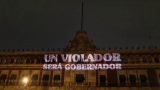 Consigna feminista proyectada sobre Palacio Nacional de México: "un violador será gobernador"