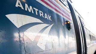The Amtrak logo seen on a train at Union Station in Washington, D.C, April 22, 2022.