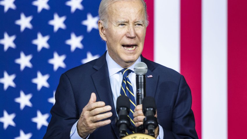 US President Joe Biden during an event at the International Union of Operating Engineers Local 77 training center in Accokeek, Maryland, on Wednesday, April 19, 2023.