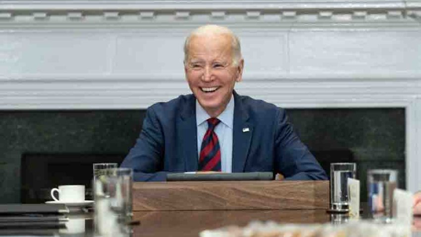 US President Joe Biden laughs as he hosts Democratic Congressional leaders in the Roosevelt Room of the White House in Washington, DC, on January 24, 2023. (Photo by ANDREW CABALLERO-REYNOLDS / AFP) (Photo by ANDREW CABALLERO-REYNOLDS/AFP via Getty Images)