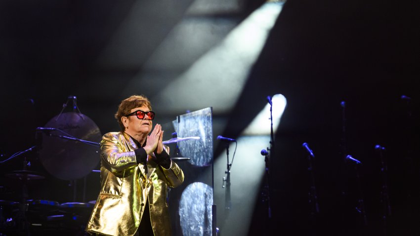 GLASTONBURY, ENGLAND – JUNE 25: Elton John thanks the audience after performing his final UK show, as the headline act on the Pyramid Stage on Day 5 of Glastonbury Festival 2023 on June 25, 2023 in Glastonbury, England. The Glastonbury Festival of Performing Arts sees musicians, performers and artists come together for three days of live entertainment. (Photo by Leon Neal/Getty Images)