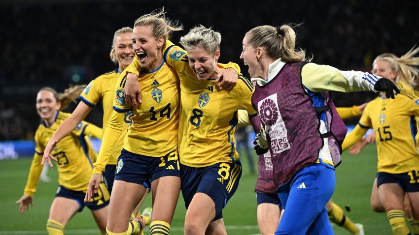 Sweden’s forward Lina Hurtig (C) and teammates celebrate their win during the Australia and New Zealand 2023 Women’s World Cup Round of 16 football match between Sweden and USA at Melbourne Rectangular Stadium in Melbourne on Aug. 6, 2023.