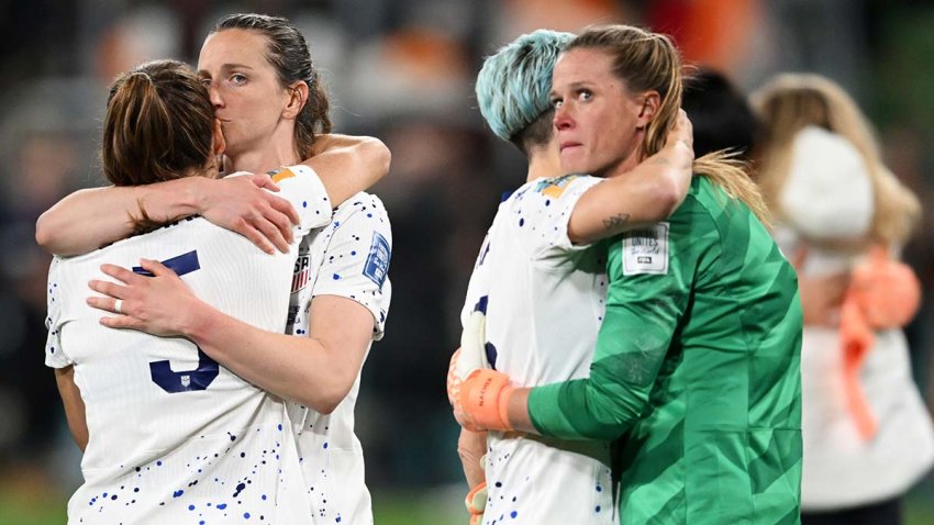 MELBOURNE, AUSTRALIA – AUGUST 06: Kelley O’Hara, Alyssa Thompson, Megan Rapinoe, and Alyssa Naeher of the USA are dejected after their team was defeated in the FIFA Women’s World Cup Australia & New Zealand 2023 Round of 16 match between Sweden and USA at Melbourne Rectangular Stadium on August 06, 2023 in Melbourne / Naarm, Australia. (Photo by Quinn Rooney/Getty Images)