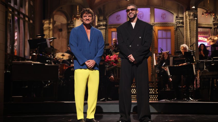 SATURDAY NIGHT LIVE — “Bad Bunny” Episode 1846 — Pictured: (l-r) Pedro Pascal and host Bad Bunny during the Monologue on Saturday, October 21, 2023 — (Photo by: Will Heath/NBC via Getty Images)