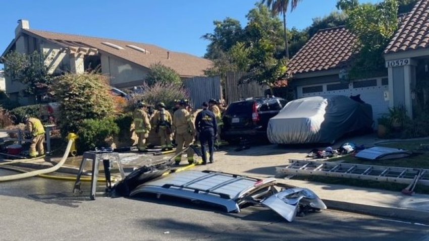 The roof of a vehicle, which was removed by San Diego firefighters as they worked to extricate a driver from the fiery vehicle on Nov. 11, 2023.
