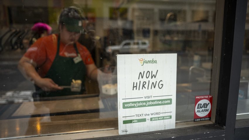 A “Now Hiring” sign at Jamba Juice in San Francisco, California, US, on Monday, June 26, 2023.