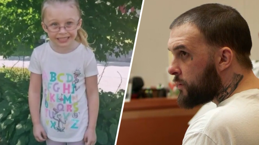 Adam Montgomery in a Manchester, New Hampshire, courtroom to be sentenced for the murder of his daughter, Harmony (seen at left), on Thursday, May 9, 2024.