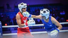 NEW DELHI, INDIA - MARCH 21:  Indian Boxer Nikhat Zareen (Red) and Mexico boxer Herrera Alvarez Fatima Patricia(Blue) during the 45kg-50kg (Elite Women) category at the 2023 IBA Women's Boxing World Championships  on March 21, 2023 in New Delhi, India.  (Photo by Sanchit Khanna/Hindustan Times via Getty Images)