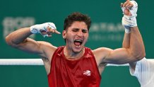 Mexico's Marco Verde celebrates after defeating Ecuador's Jose Rodriguez in the men's 71kg gold medal final boxing event during the Pan American Games Santiago 2023 at the Olympic Training Centre (CEO) in Santiago on October 27, 2023. (Photo by Raul ARBOLEDA / AFP) (Photo by RAUL ARBOLEDA/AFP via Getty Images)