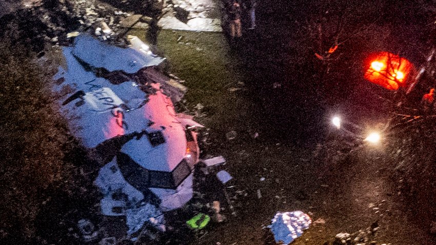 TOPSHOT – Aerial view of the wreckage of an airplane that crashed with 61 people on board in Vinhedo, Sao Paulo State, Brazil, on August 9, 2024. An airplane carrying 57 passengers and four crew crashed on August 9 in Brazil’s Sao Paulo state, killing everyone on board, local officials said. The aircraft, a French-made ATR 72-500 operated by the airline Voepass, was travelling from Cascavel in southern Parana state to Sao Paulo’s Guarulhos international airport when it crashed in the city of Vinhedo. (Photo by MIGUEL SCHINCARIOL / AFP) (Photo by MIGUEL SCHINCARIOL/AFP via Getty Images)