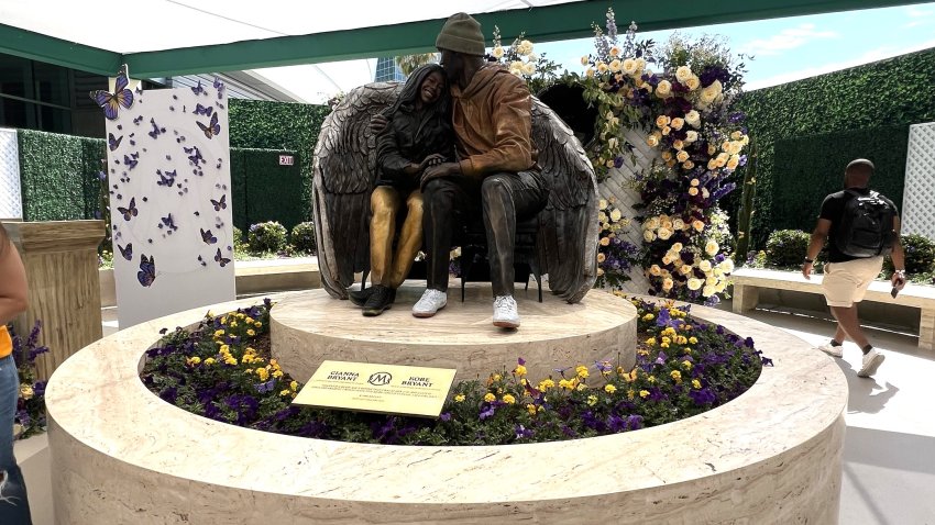 A state depicting Kobe and Gianna Bryant was unveiled Aug. 2, 2024 outside Crypto.com Arena.