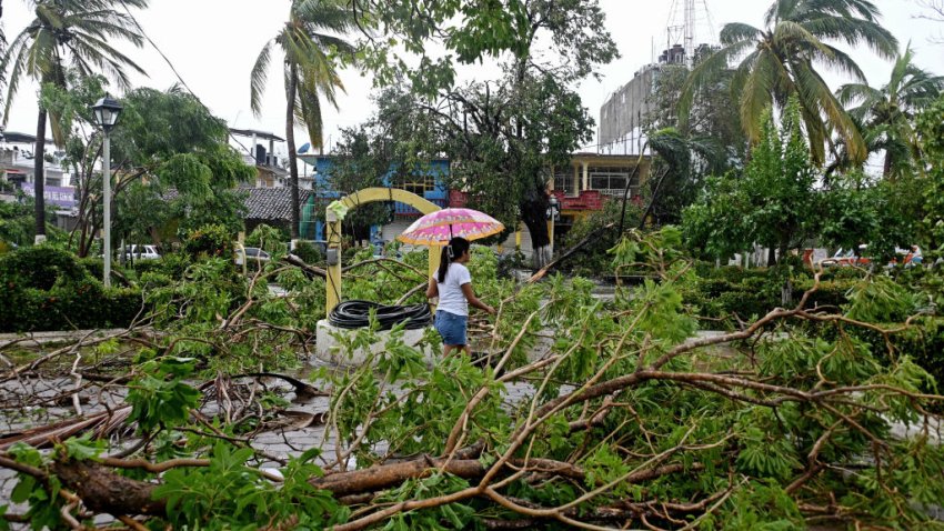 TOPSHOT – A woman walks past fallen trees as a result of Hurricane John in San Marcos, Guerrero State, Mexico, on September 24, 2024. Two people died in Mexico as a result of John, which made landfall in the Pacific as a category 3 hurricane on September 23 at night but dispersed on Tuesday, while the Mexican Caribbean was declared on alert for storm Helene. (Photo by Francisco Robles / AFP) (Photo by FRANCISCO ROBLES/AFP via Getty Images)