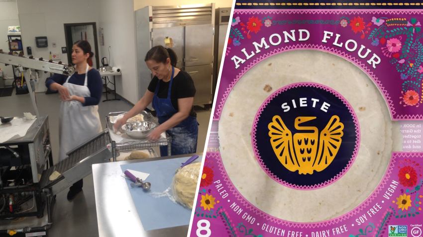 Veronica Garza and her mother in a kitchen next to packaging of gluten-free tortillas