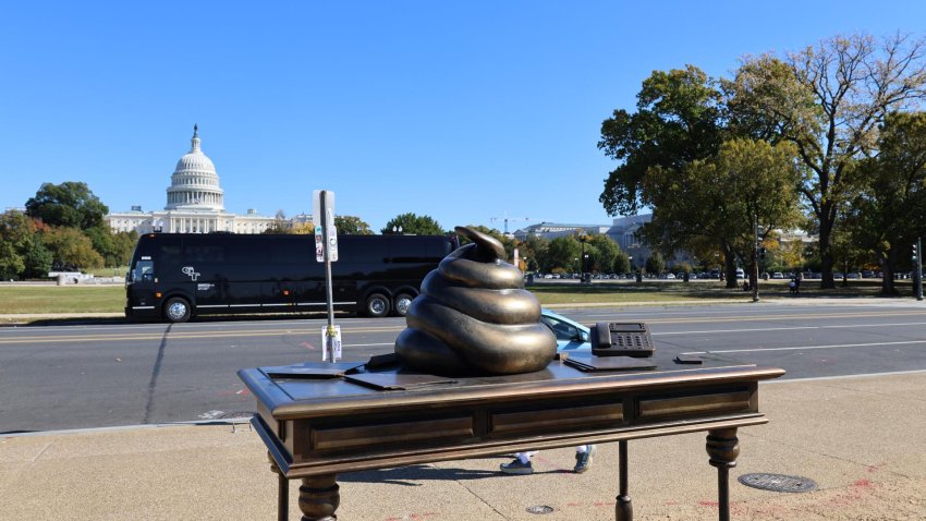 Aparece figura en bronce de excremento frente al Capitolio para recordar el asalto de 2021