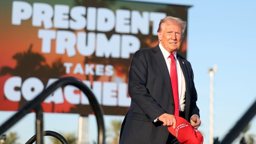 Coachella, California October 12, 2024-Presidential candidate Donald Trump is introduced during a rally at Calhoun Ranch in Coachella Saturday.(Wally Skalij/Los Angeles Times via Getty Images)