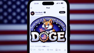 En esta foto ilustrativa se puede ver una bandera estadounidense en la pantalla de una computadora portátil y una publicación de Elon Musk sobre DOGE en X en la pantalla de un teléfono.