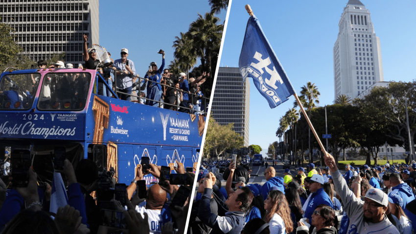 Dodgers fans celebrate with the team in downtown Los Angeles Friday Nov. 1, 2024.