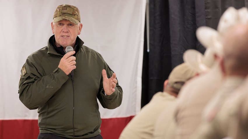 EAGLE PASS, TX – Incoming “border czar” and former acting U.S. Immigration and Customs Enforcement director Tom Homan visits Camp Eagle where members of the Texas National Guard and Department of Public Safety officers convene for a Thanksgiving meal in Eagle Pass, Texas on November 26, 2024. (Photo by Scott Stephen Ball for The Washington Post via Getty Images)