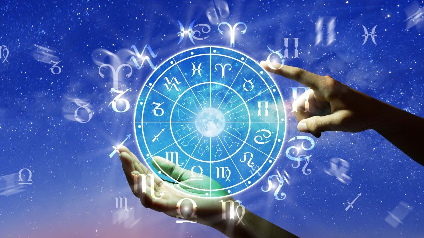 Astrological zodiac signs inside of horoscope circle. Astrology, knowledge of stars in the sky over the milky way and moon. The power of the universe concept.