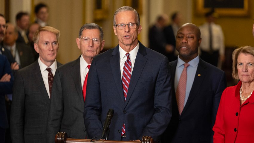 WASHINGTON, DC – NOVEMBER 13: U.S. Sen. John Thune (R-SD) speaks after being elected Senate Majority Leader for the 119th Congress following the Senate Republican leadership elections at the U.S. Capitol on November 13, 2024 in Washington, DC. The Senate Republicans also elected Sen. John Barrasso (R-WY) as Assistant Majority Leader, Sen. Tom Cotton (R-AR) as Republican Conference Chair, Sen. Shelley Moore Capito (R-WV) as Republican Policy Committee Chair, Sen. James Lankford (R-OK) as Republican Conference Vice Chair and Sen. Tim Scott (R-FL) as National Republican Senatorial Committee Chair. (Photo by Tasos Katopodis/Getty Images)