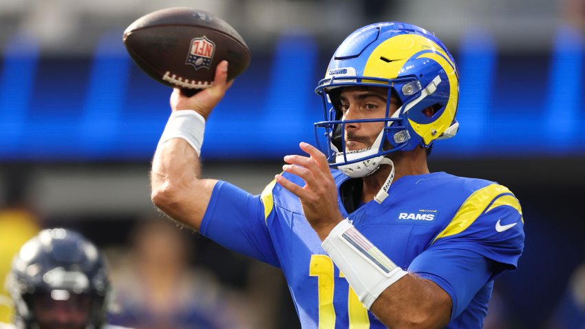 INGLEWOOD, CALIFORNIA – JANUARY 05: Jimmy Garoppolo #11 of the Los Angeles Rams throws a pass against the Seattle Seahawks during the first quarter at SoFi Stadium on January 05, 2025 in Inglewood, California. (Photo by Harry How/Getty Images)