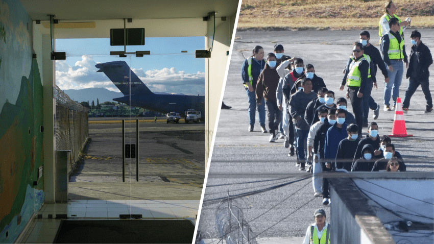 Migrantes guatemaltecos deportados desde Estados Unidos desembarcan de un avión militar estadounidense, en el aeropuerto de La Aurora en Ciudad de Guatemala, el lunes 27 de enero de 2025. (AP Foto/Moisés Castillo)