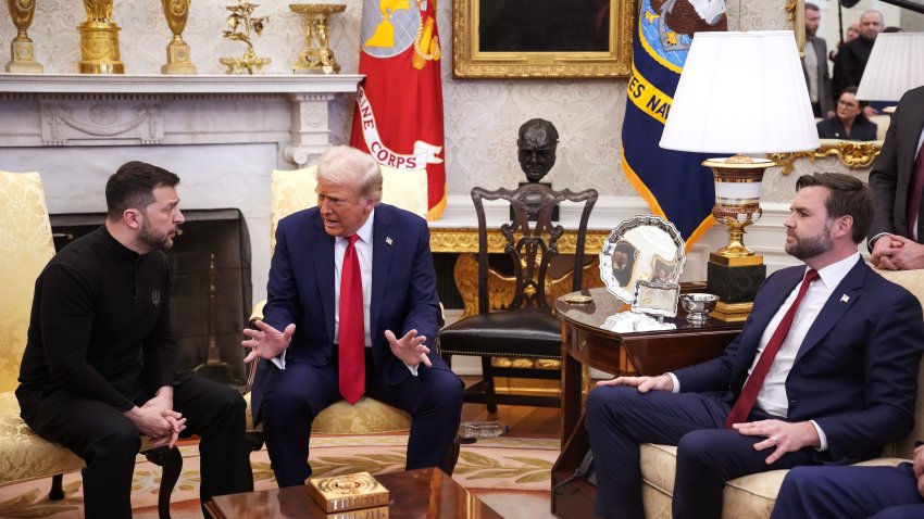 WASHINGTON, DC – FEBRUARY 28: U.S. President Donald Trump (C) and Vice President JD Vance meet with Ukrainian President Volodymyr Zelensky in the Oval Office at the White House on February 28, 2025 in Washington, DC. Trump and Zelensky are meeting today to negotiate a preliminary agreement on sharing Ukraine’s mineral resources that Trump says will allow America to recoup aid provided to Kyiv while supporting Ukraine’s economy. (Photo by Andrew Harnik/Getty Images)