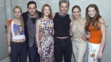 'Buffy' cast members Emma Caulfield, Nicholas Brendon, Alyson Hannigan, James Marsters, Sarah Michelle Gellar and Michelle Trachtenberg at the UPN sessions of the Television Critics Association summer press tour at the Ritz Carlton Hotel in Pasadena, Ca. 7/16/01. Photo by Kevin Winter/Getty Images.