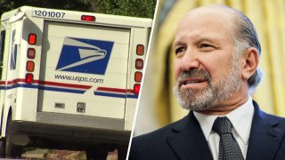 Una camioneta del Servicio Postal de Estados Unidos y del secretario de Comercio, Howard Lutnick.