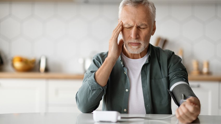 Hypertension Concept. Senior Man Checking Blood Pressure With Upper Arm Monitor At Home, Elderly Gentleman Touching Temples And Measuring Arterial Tension While Sittin At Table In Kitchen, Copy Space