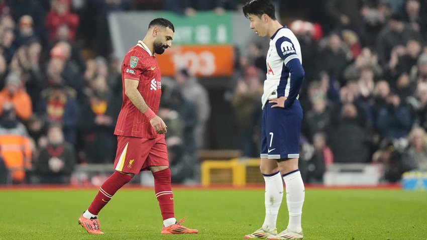 Liverpool’s Mohamed Salah (left) and Tottenham Hotspur’s Son Heung-Min during the Carabao Cup Semi-Final, second leg match at Anfield, Liverpool. Picture date: Thursday February 6, 2025. (Photo by Nick Potts/PA Images via Getty Images)