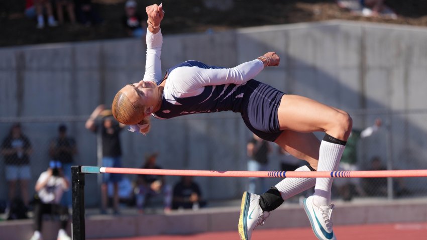 AB Hernandez, of Jurupa Valley, competes in the girls high jump during the CIF Southern Section Division 3 Track and Field preliminaries at Nathan Shapell Memorial Stadium at Yorba Linda High School on May 10, 2025 in Yorba Linda.