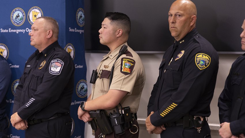 MINNESOTA, UNITED STATES – MAY 15: Members of law enforcement stand during a press conference at the Minnesota Emergency Management Center following the arrest of Vance Boelter, the suspect in the assassination of Rep. Melissa Hortman and her husband and the attempted assassination of Sen. John Hoffman and his wife in Minnesota, United States on May 15, 2025. (Photo by Christopher Mark Juhn/Anadolu via Getty Images)
