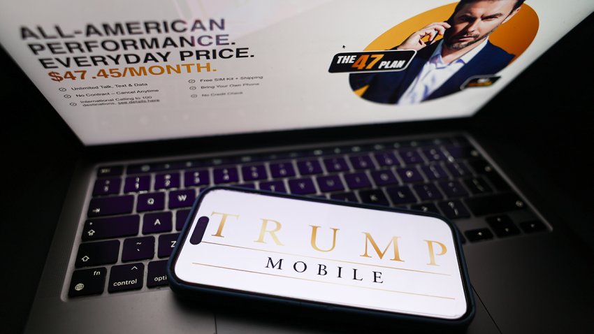 Trump Mobile website displayed on a laptop screen and Trump Mobile logo displayed on a phone screen are seen in this illustration photo taken in Krakow, Poland on June 16, 2025. (Photo by Jakub Porzycki/NurPhoto via Getty Images)