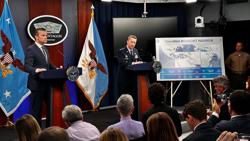 WASHINGTON, UNITED STATES – JUNE 22: US Secretary of Defense Pete Hegseth (L) and Chairman of the Joint Chiefs of Staff Air Force Gen. Dan Caine (R) attend press conference at Pentagon in Washington, United States on June 22, 2025. (Photo by Yasin Ozturk/Anadolu via Getty Images)