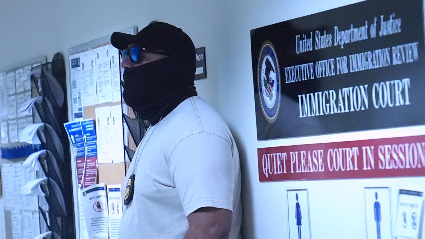 NEW YORK, UNITED STATES – SEPTEMBER 8: Masked ICE agents were seen stalking the corridors on the 12th floor of Lower Manhattan’s immigration court at 26 Federal Plaza, New York City, USA on September 8, 2025. (Photo by Selcuk Acar/Anadolu via Getty Images)