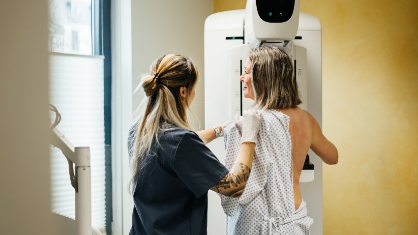 A healthcare professional is helping a patient position herself for a mammogram exam, using a specialized imaging machine.