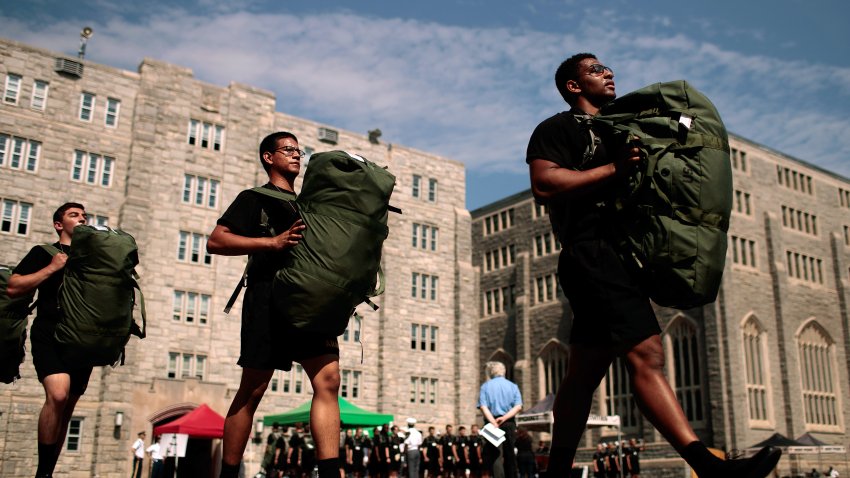 WEST POINT, NY – JUNE 27: New cadets march in a courtyard on campus during Reception Day at the United States Military Academy at West Point, June 27, 2016 in West Point, New York. Reception Day is the day when new cadets report to West Point to begin the process of becoming West Point cadets and future U.S. Army officers. Upwards of 1,300 cadet candidates for the class of 2020 will report to West Point on Monday. The new cadets will begin six weeks of basic training before Acceptance Day in early August. (Photo by Drew Angerer/Getty Images)