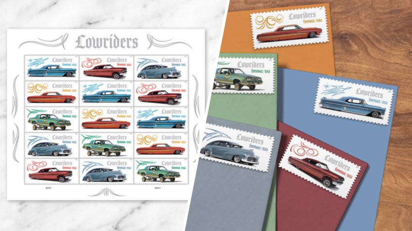 USPS stamps featuring colorful photos of lowrider cars.