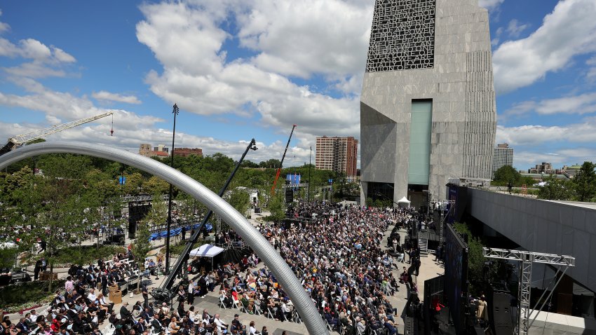 CHICAGO, ILLINOIS – JUNE 18: People watch the dedication ceremony for the opening of the Barack Obama Presidential Center in John Lewis Plaza on June 18, 2026 in Chicago, Illinois. Barack Obama served as the 44th president of the United States from 2009 to 2017 and was the first African American to hold the office. (Photo by Jim Vondruska/Getty Images)